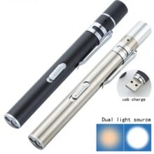 Dual Light Source Mini LED Pen Medical Flashlight Stainless Steel USB Built-in Rechargeable