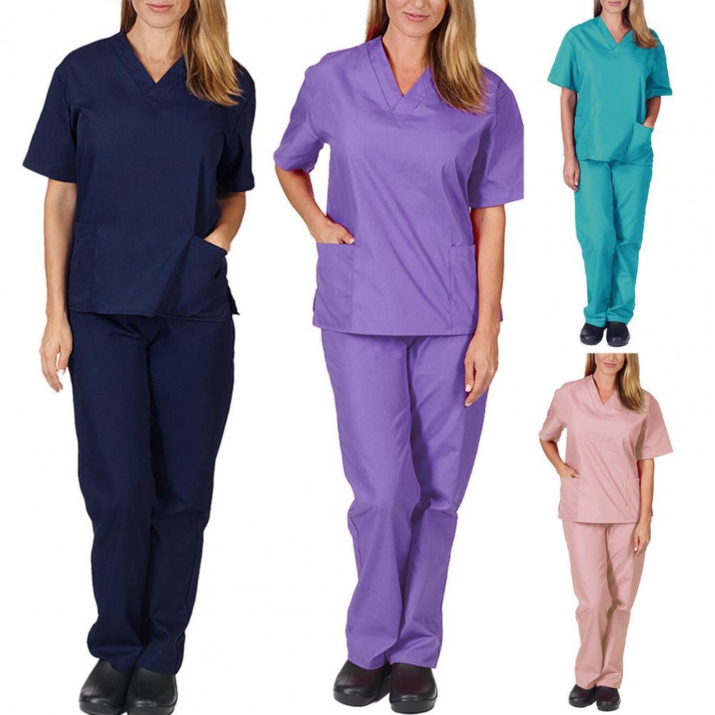 Solid Color Top+pants Short Sleeve Women Nurse Scrubs