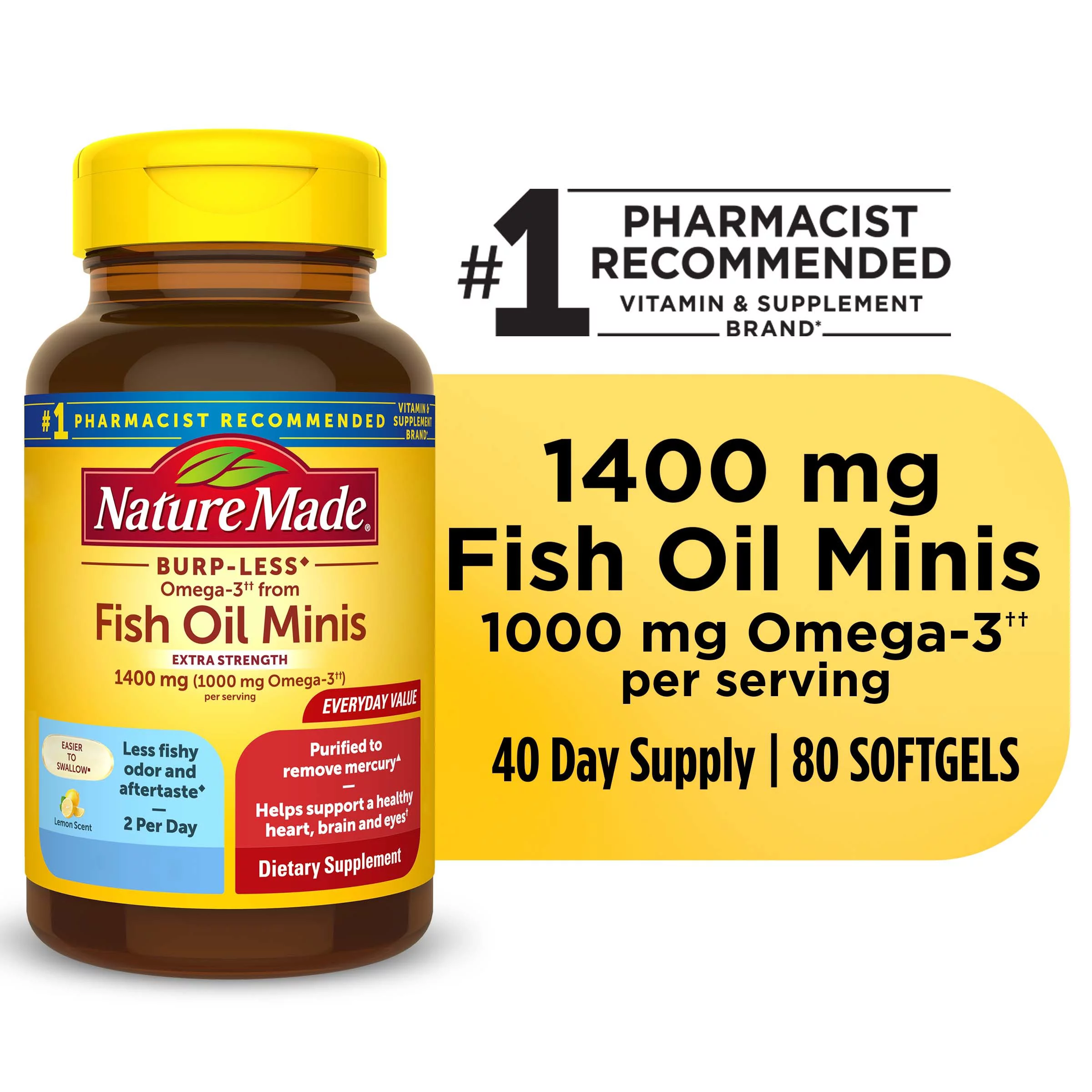 Nature Made Burp-Less Omega-3 from Fish Oil 1400 mg Minis Softgels, 80pcs