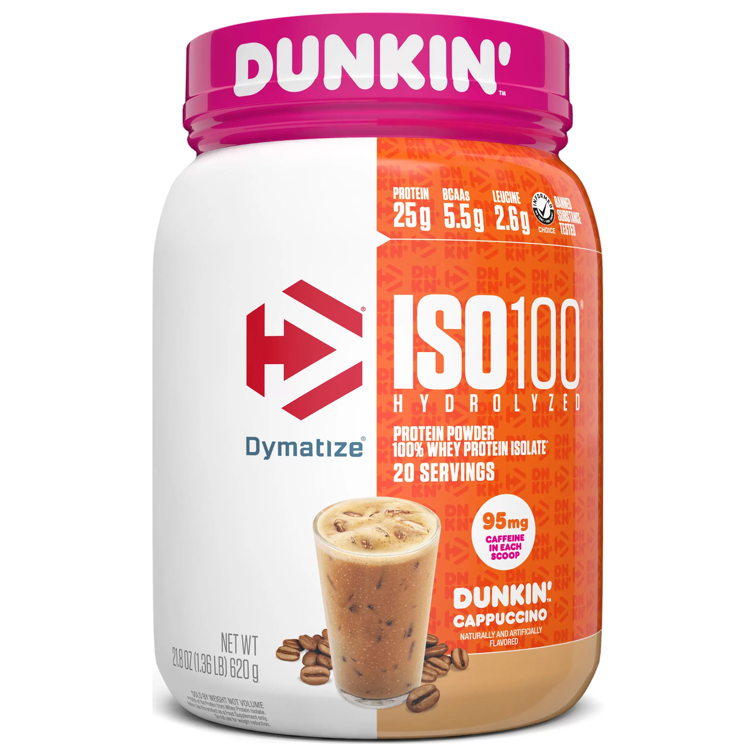 Dymatize ISO100 Hydrolyzed Whey Isolate Protein Powder, Dunkin’ Cappuccino, 25g Protein, 20 Serv