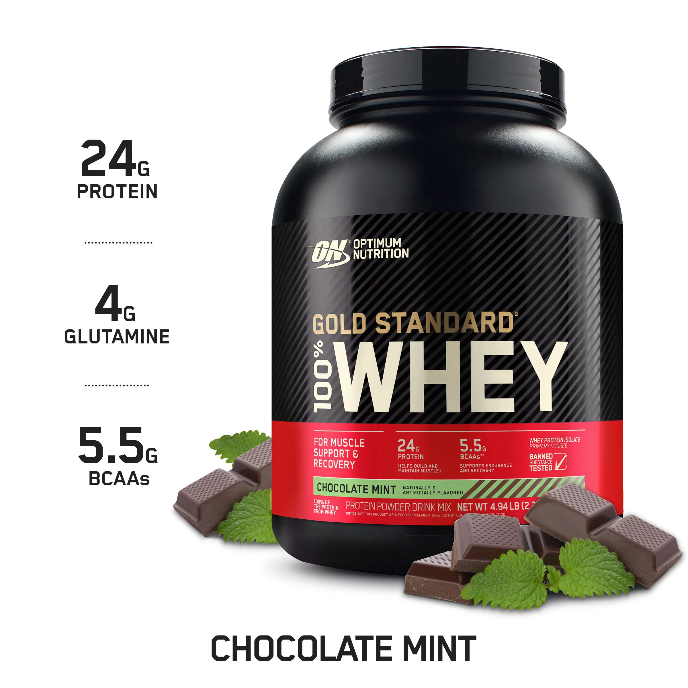 Optimum Nutrition, Gold Standard 100% Whey Protein Powder, 24g Protein, Chocolate Mint, 4.94 lb