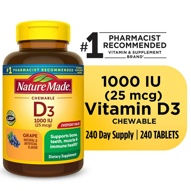 Nature Made Vitamin D3 1000 IU (25 mcg) Chewable Tablets, Dietary Supplement 240pcs