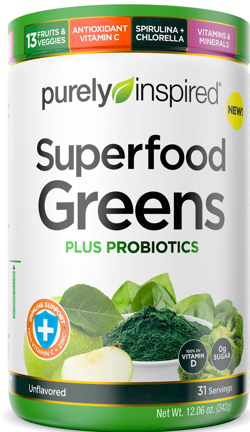 Purely Inspired Superfood Greens + Probiotics, Immune Support Powder, Unflavored, 31 servings